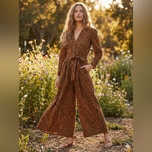 FRNCH Earthy Floral Jumpsuit Boho Long Sleeve Wide Leg Tie Waist size L